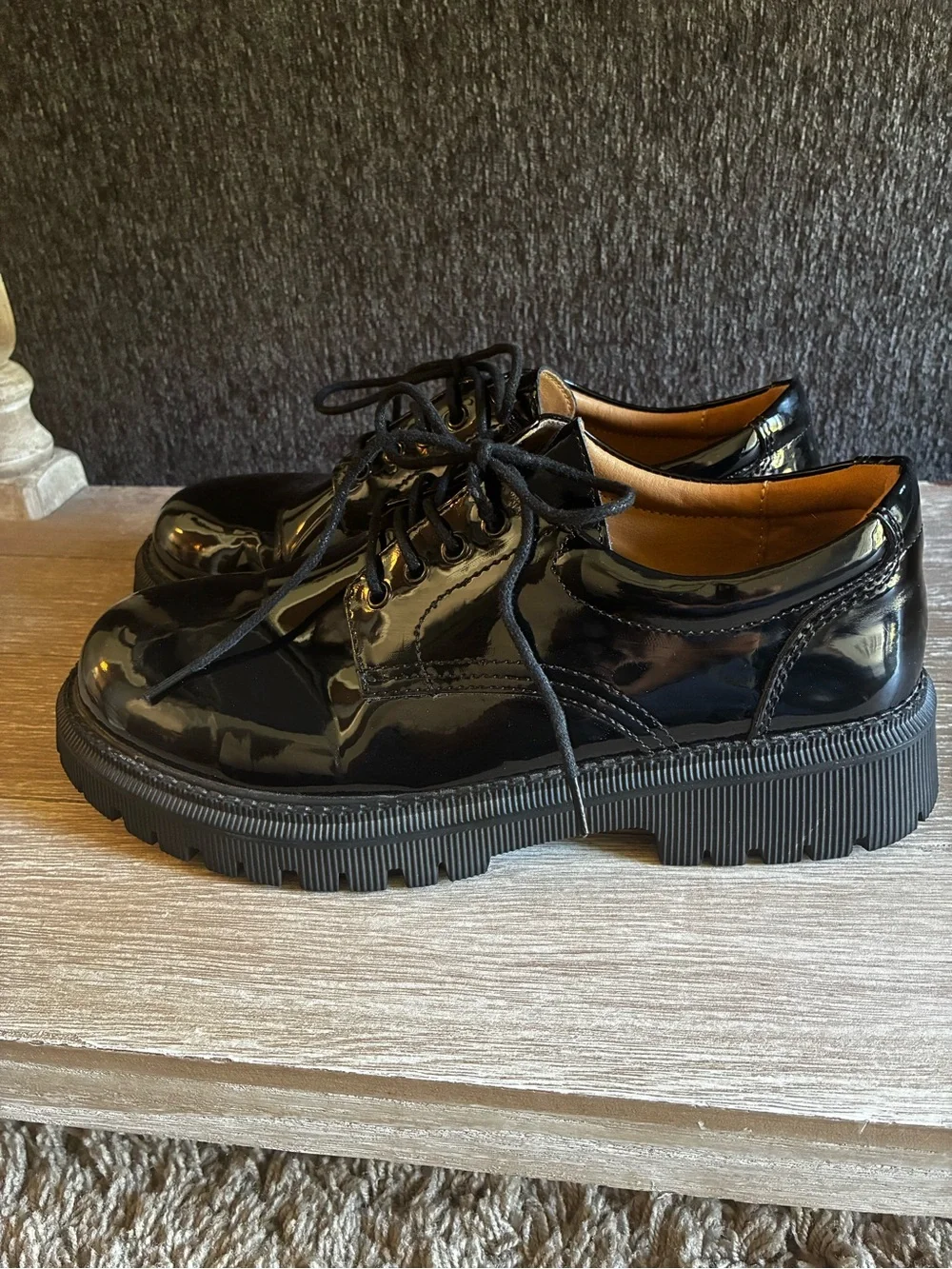 Women’s Black Patent Lace-Up Platform Oxfords With Lug Soles